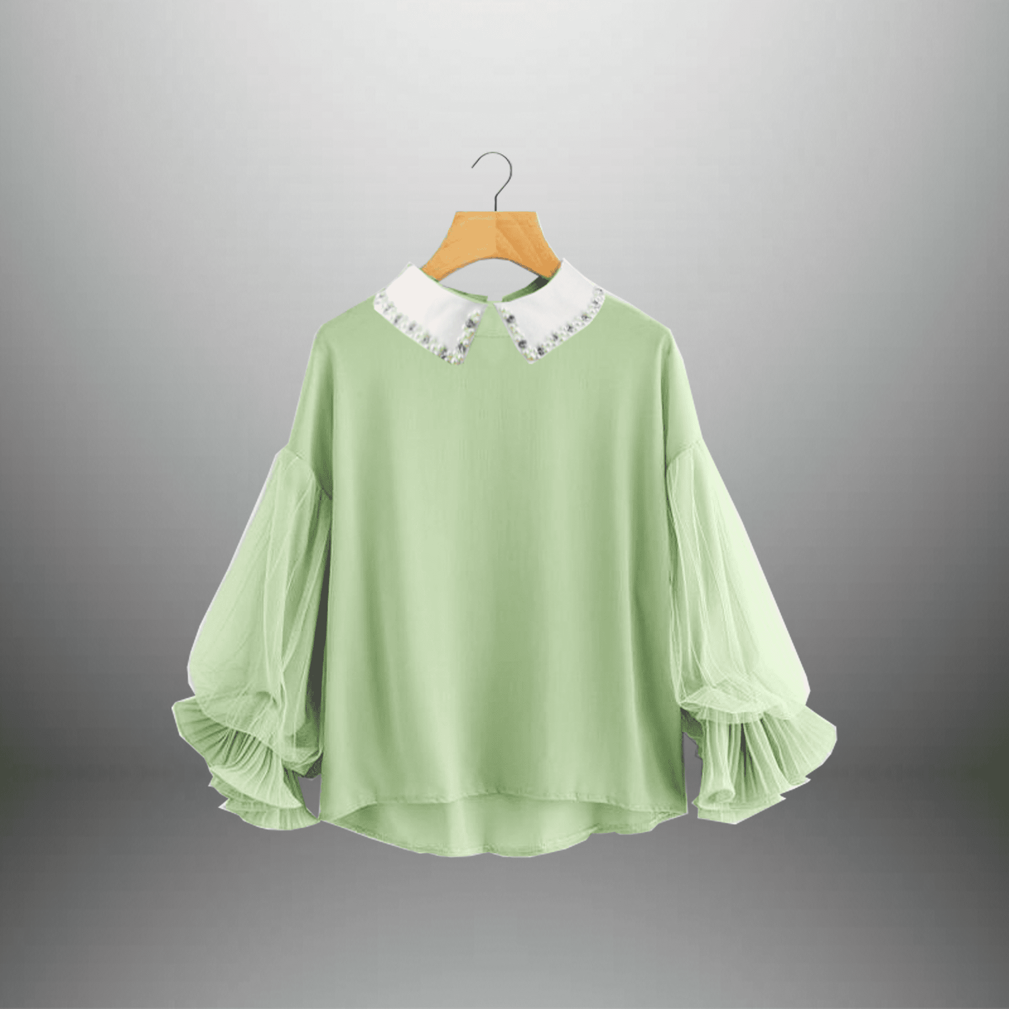 Women's Pleated Sleeve Top with Embroidered Collar-RET098